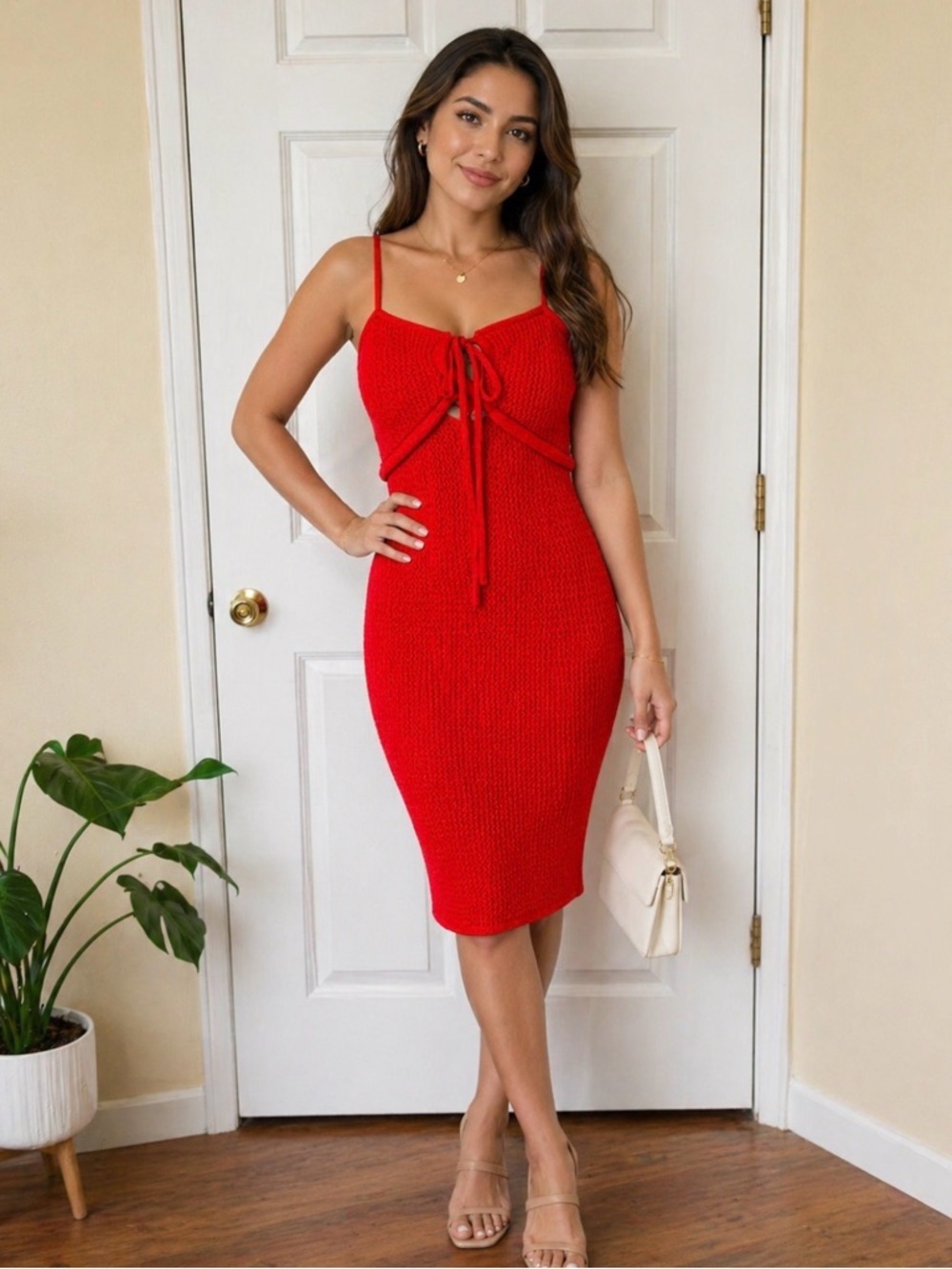 House of Harlow Red Knit Midi Dress Cotton Blend